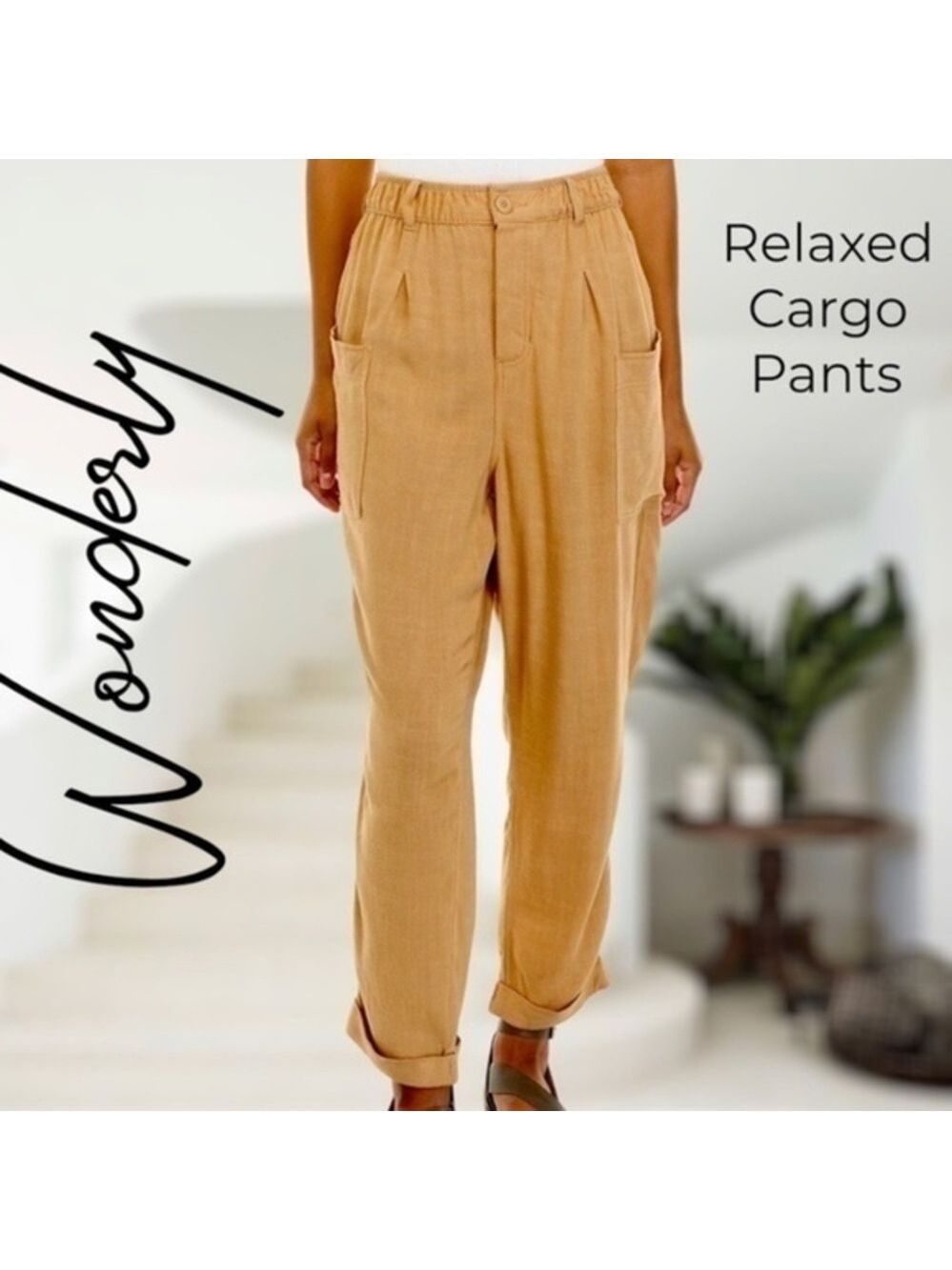 WONDERLY NWT Soft Drapey Rolled-Cuff Relaxed High-Rise Twill Cargo Pants/LG